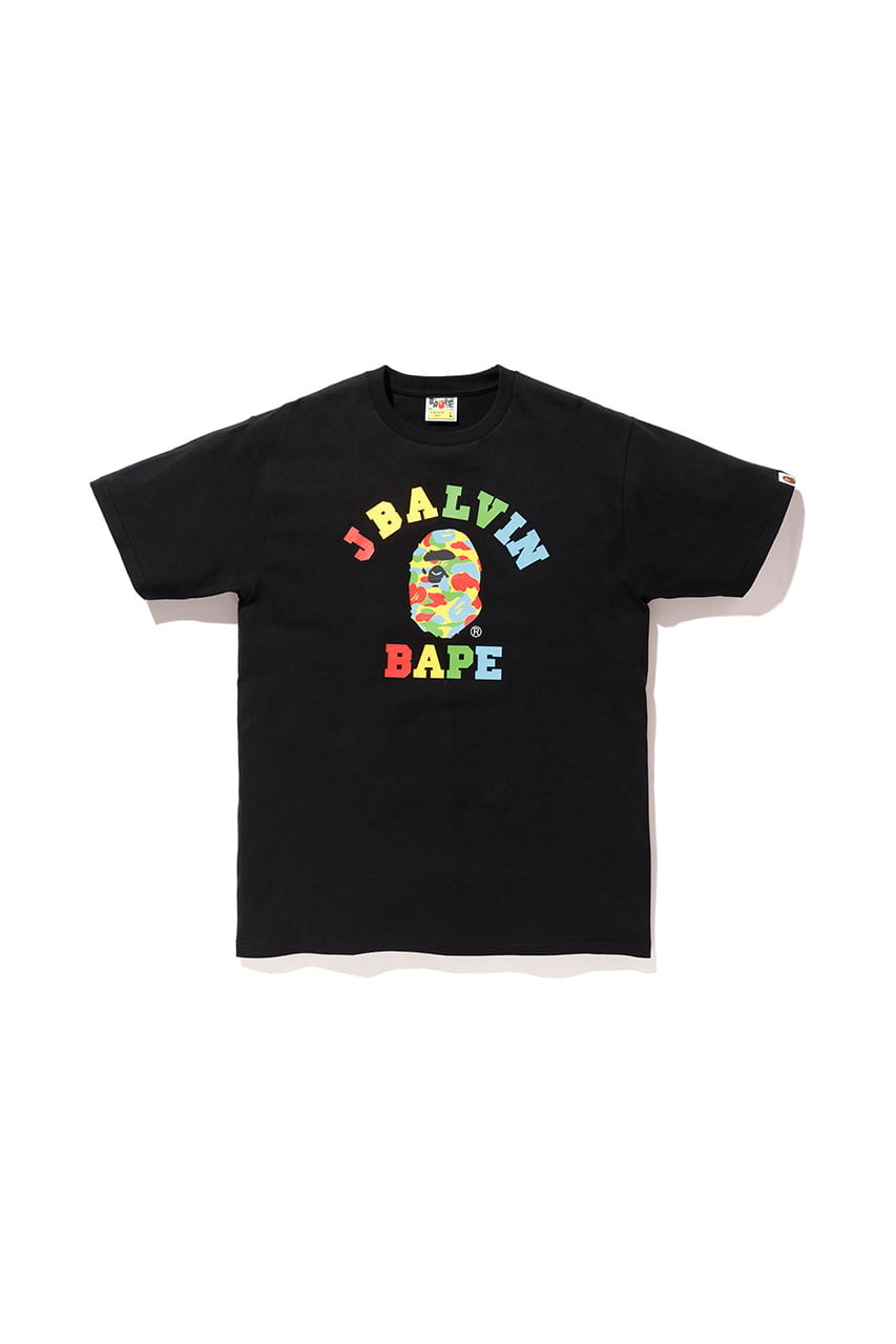 J Balvin x BAPE camiseta negra con logotipo multicolor