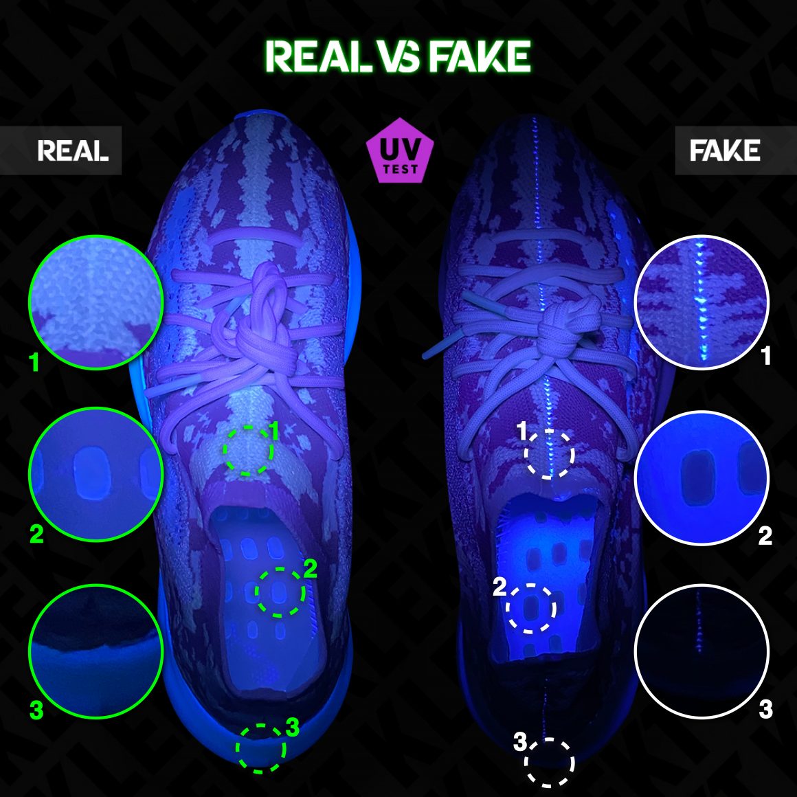 adidas Yeezy Boost 380 Alien Real vs Fake UV Light Upper Comparison