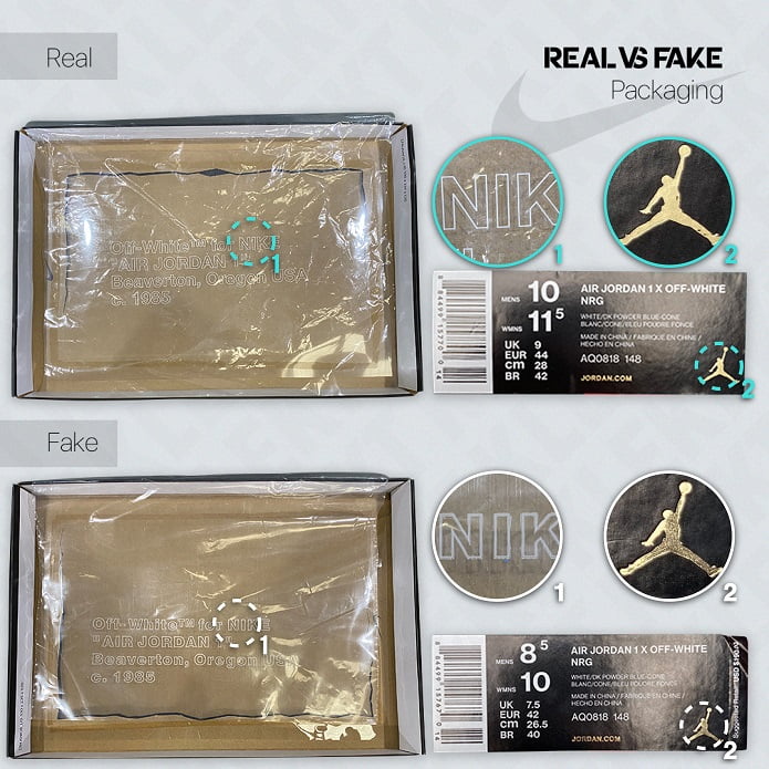 KLEKT Real vs Fake Off White x Air Jordan 1 UNC Packaging