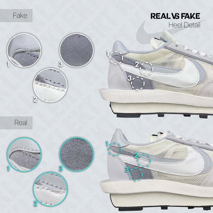 KLEKT Real vs Fake Sacai x Nike LDWaffle Heel Detail