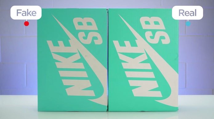 KLEKT Real vs Fake Nike SB Dunk Strangelove Skateboards Box Color
