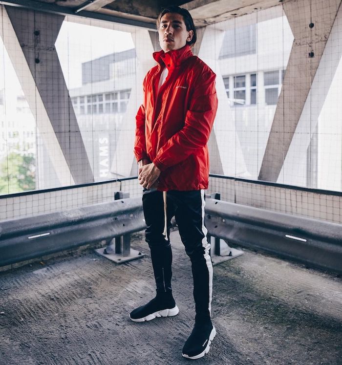 Hector Bellerin Wearing Red Balenciga Track Jacket and Balenciaga Sock Runner