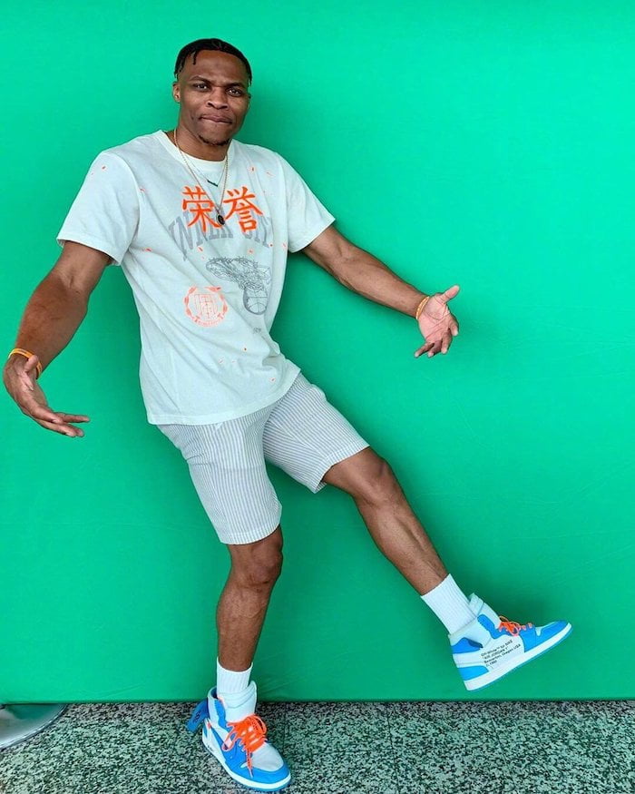 Russell Westbrook Wearing the Off-White x Air Jordan 1 UNC
