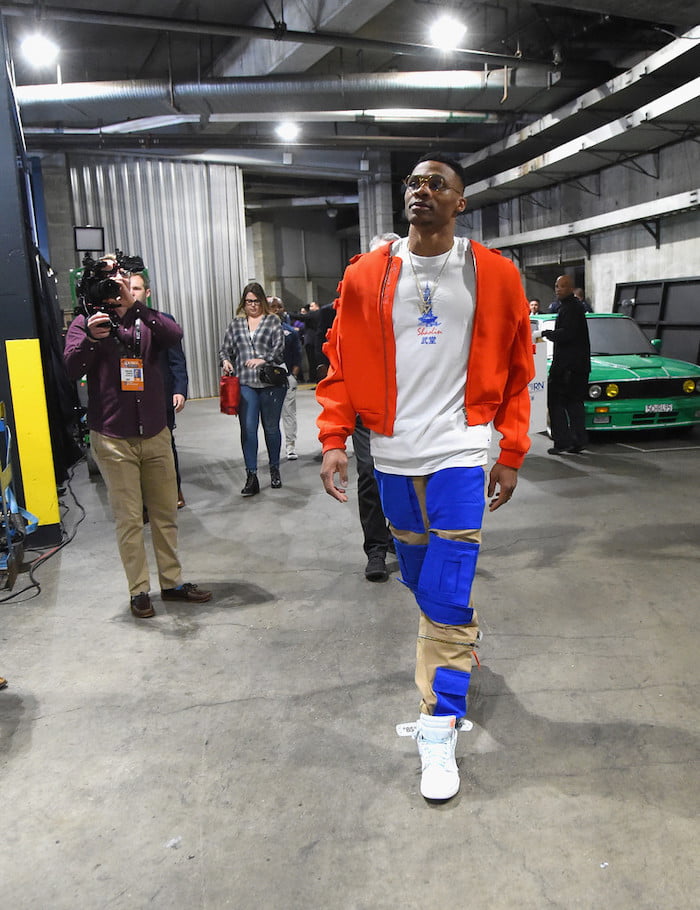 Russell Westbrook wearing the Off-White x Air Jordan 1 NRG