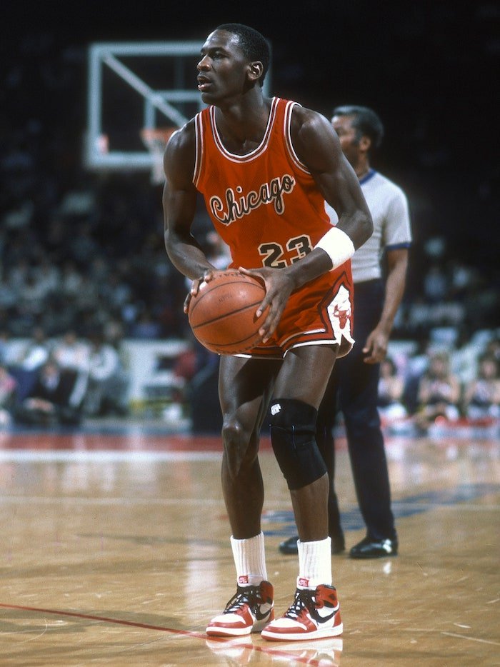 Michael Jordan wearing the Air Jordan 1 Chicago for the Chicago Bulls